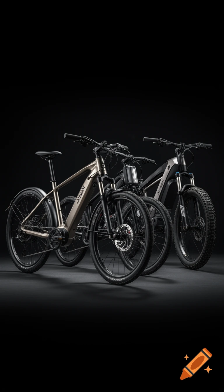 Three electric bikes, including a bronze Cruzer and a grey Talaria, are displayed against a dark background with dramatic studio lighting.