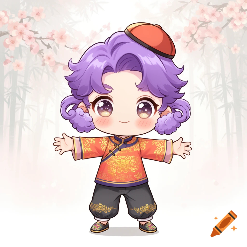 Cute chibi boy with purple hair in traditional red and gold Chinese clothing, standing against a soft background of cherry blossoms and bamboo.