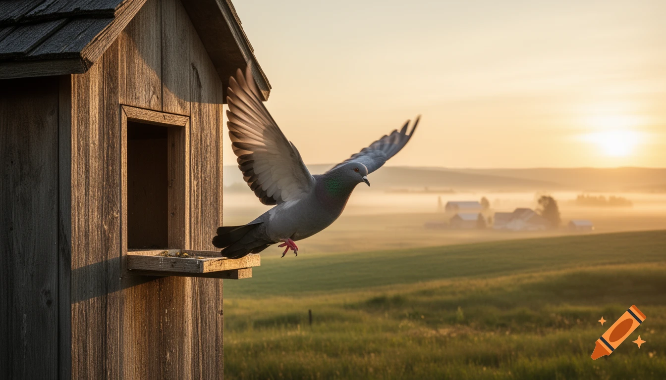 A racing pigeon with spread wings launches from a wooden birdhouse at a golden morning sunrise over a misty rural landscape. Photorealistic.