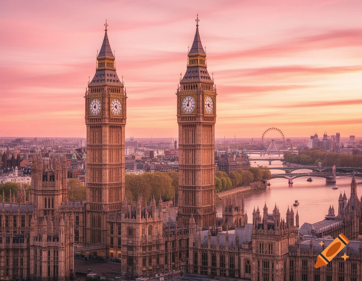 Photorealistic aerial view of London at sunset, featuring two Big Ben clock towers next to the River Thames and the London Eye.