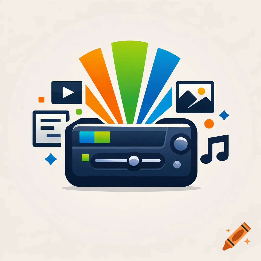 A stylized icon of a media player or content generator with colorful rays and symbols for video, text, image, and music.