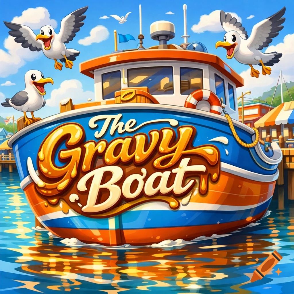 A cartoon fishing boat named 'The Gravy Boat' floats in a sunny harbor, surrounded by cheerful seagulls.