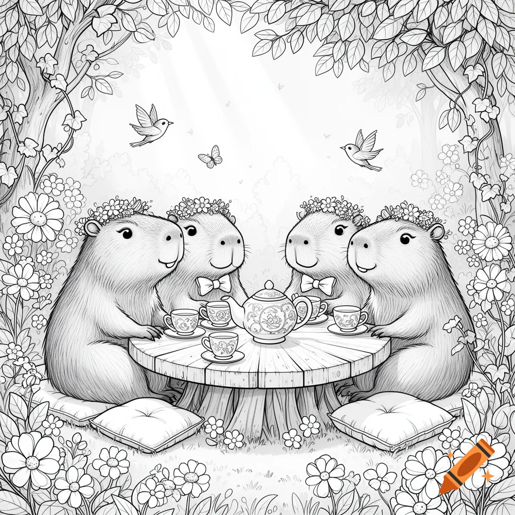 Four cute capybaras in flower crowns having a tea party at a rustic wooden table in a whimsical forest clearing, coloring page style.