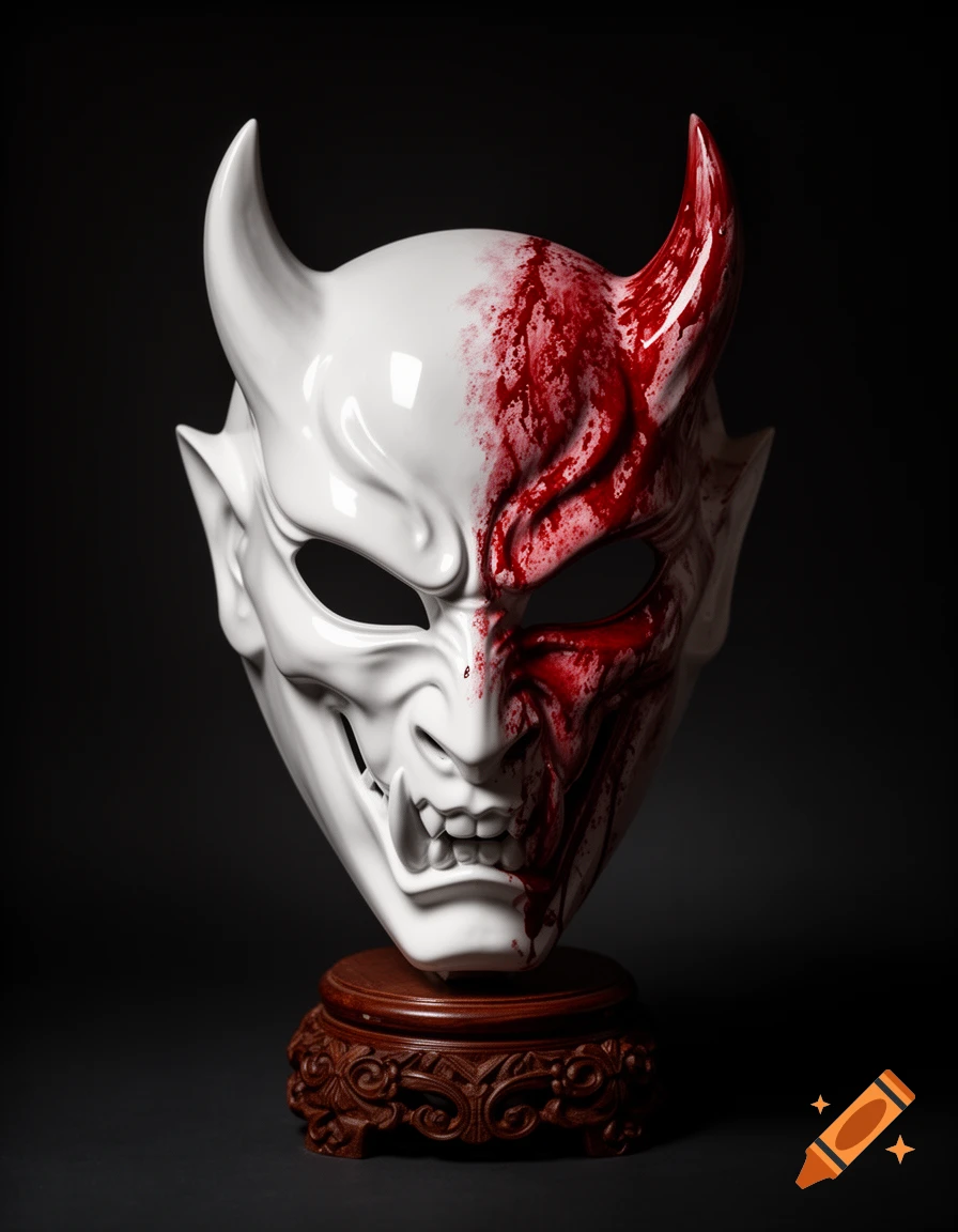 A white demon mask with horns, splattered with red blood-like paint on the right side, resting on a carved wooden stand against a dark background.