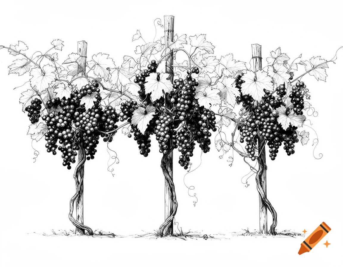 Black and white ink drawing of three grapevines laden with dark grapes against a white background.