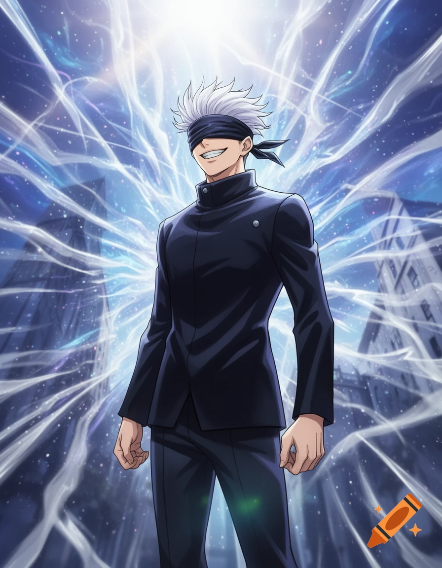 Anime illustration of Gojo Satoru with white spiky hair, blindfolded and smiling, surrounded by glowing blue energy against a city background.