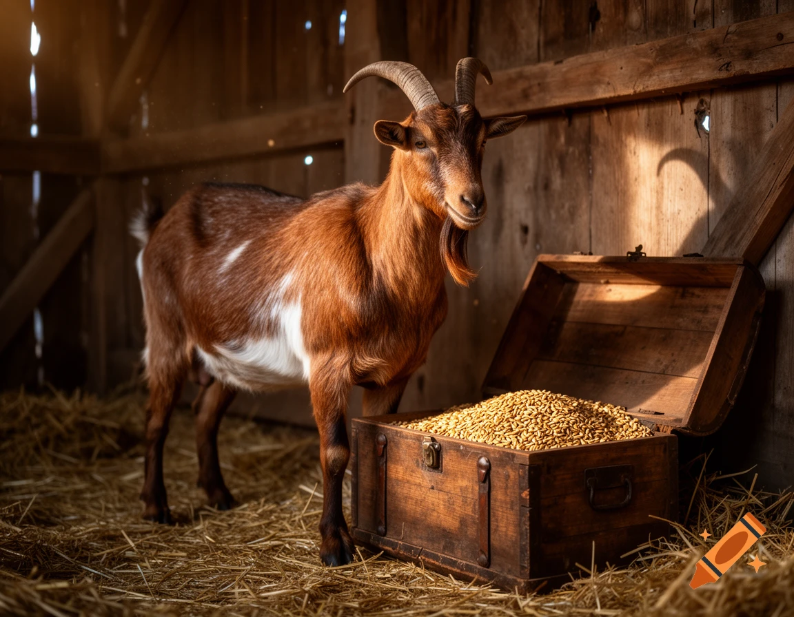 A brown and white goat with horns stands next to an open wooden chest overflowing with grain inside a sunlit barn.