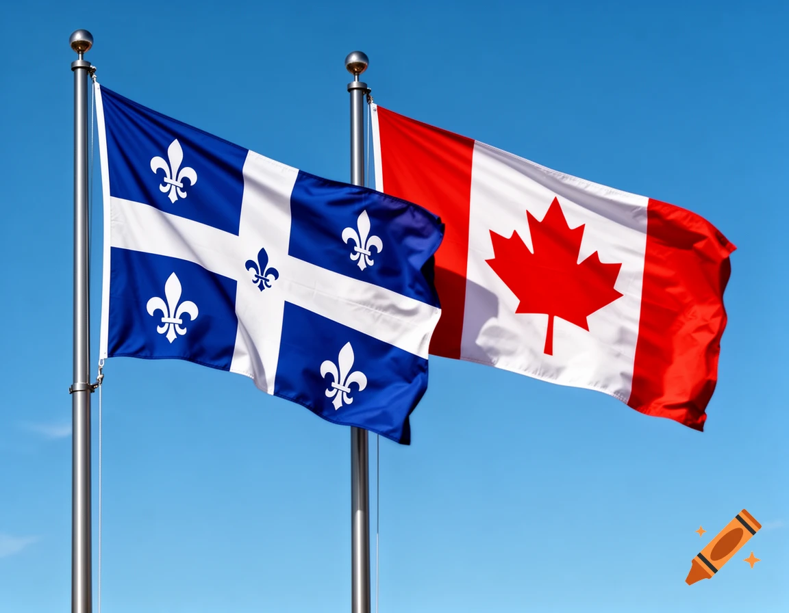 The Quebec flag and the Canadian flag flying side-by-side against a clear blue sky.
