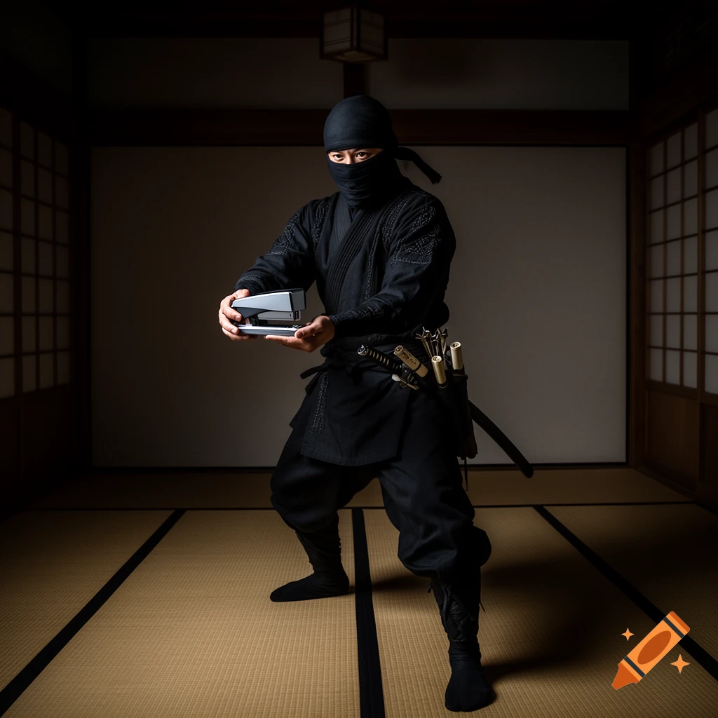 A ninja in a traditional Japanese room holds a stapler in a ready stance, looking at the viewer. Photorealistic style.