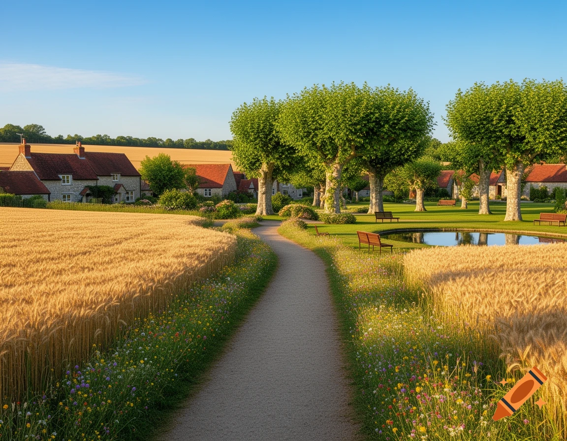 A winding path through golden wheat fields and wildflowers leads to a quaint village with a park, pond, and well-maintained trees under a clear blue sky.