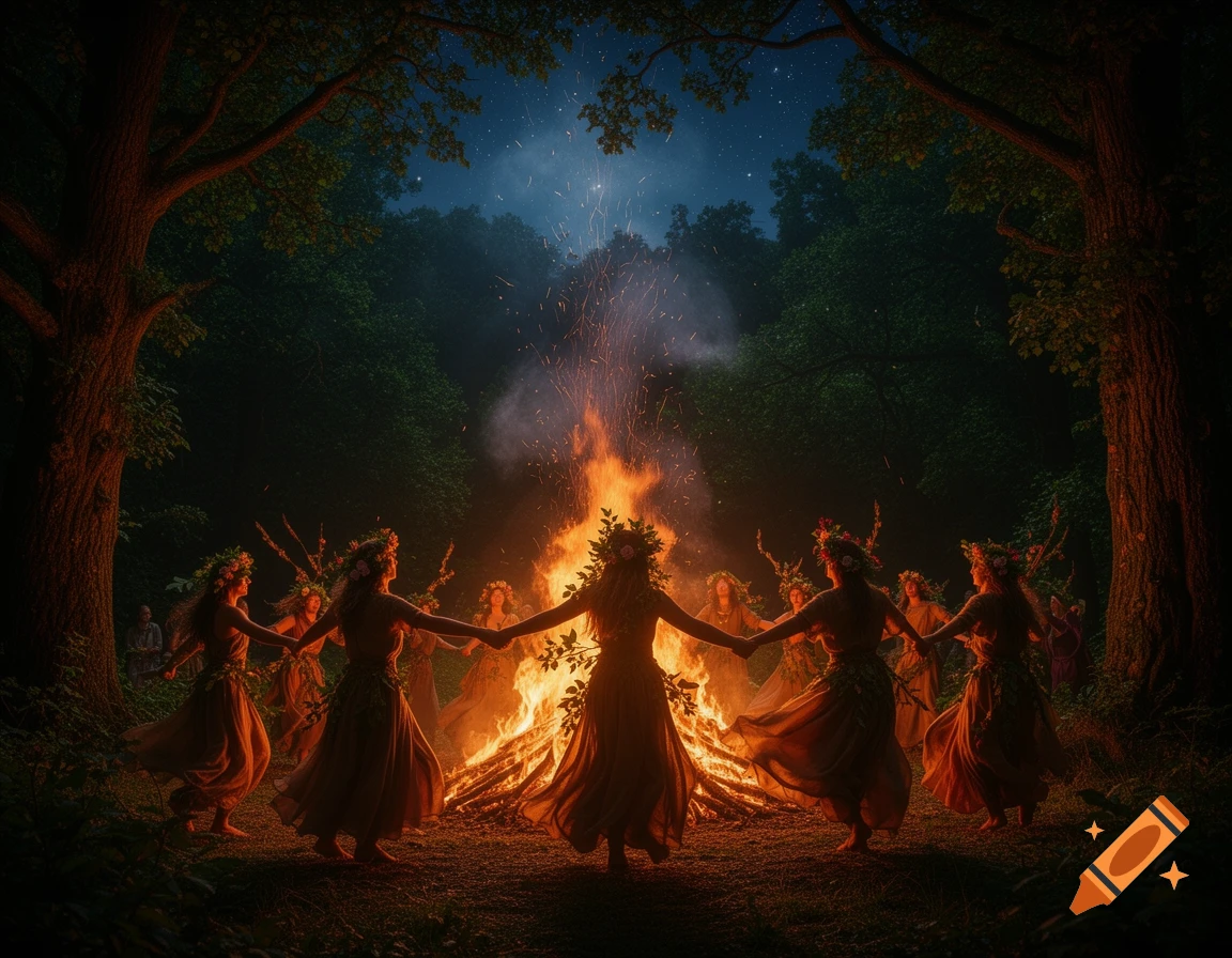 A group of people in flowing dresses and floral wreaths dance in a circle around a large bonfire in a dark forest at night under a starry sky.