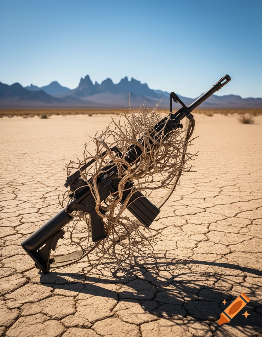A photorealistic image of an AR-15 rifle entangled in a tumbleweed, standing upright in a cracked desert landscape under a clear blue sky.