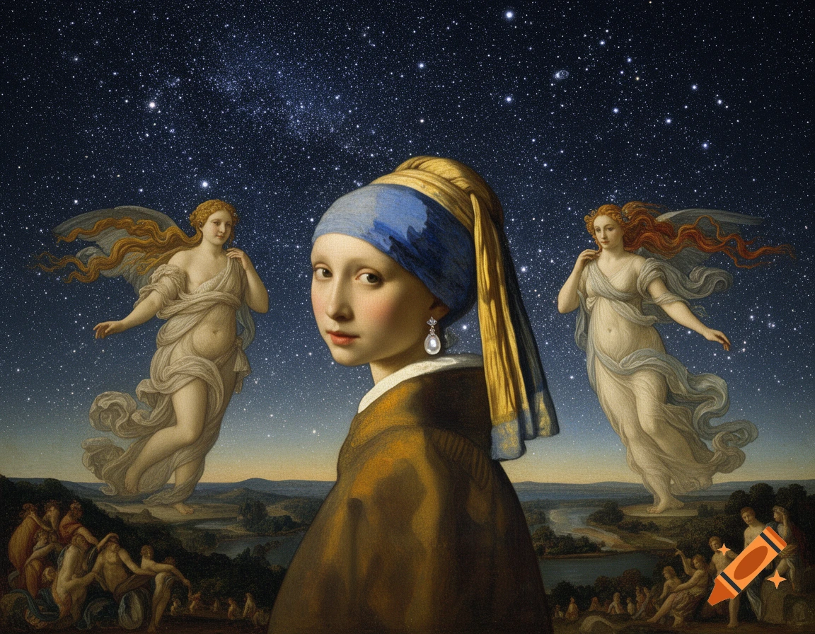 The Girl with a Pearl Earring in the center, flanked by two floating angelic figures, above a landscape with smaller nude figures, all under a starry night sky.