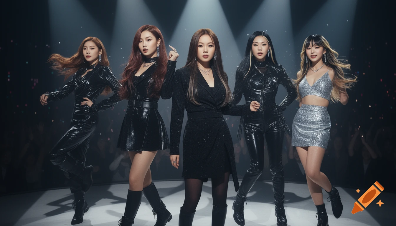 Five photorealistic K-pop group members in stylish, edgy stage outfits posing under dramatic spotlights with sparkling effects.