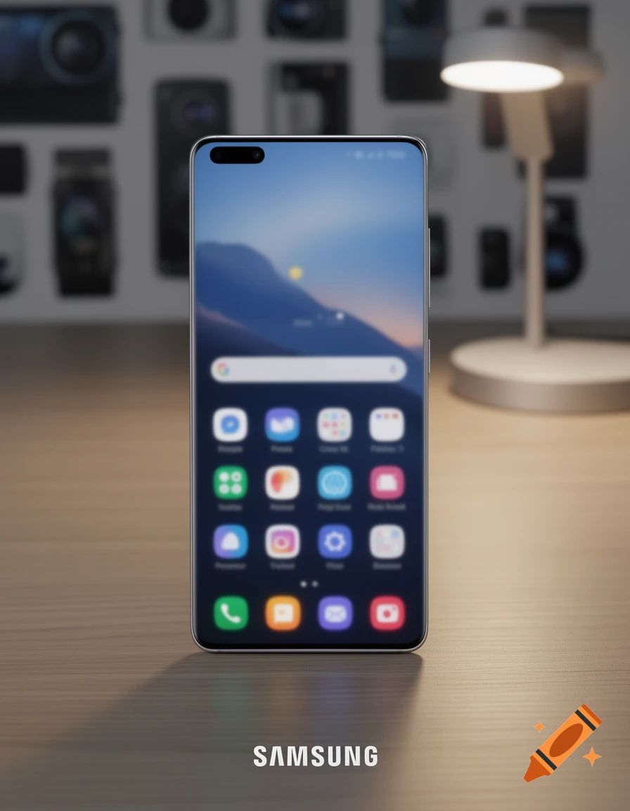 A photorealistic image of a Samsung smartphone standing on a wooden desk with blurred electronics in the background.