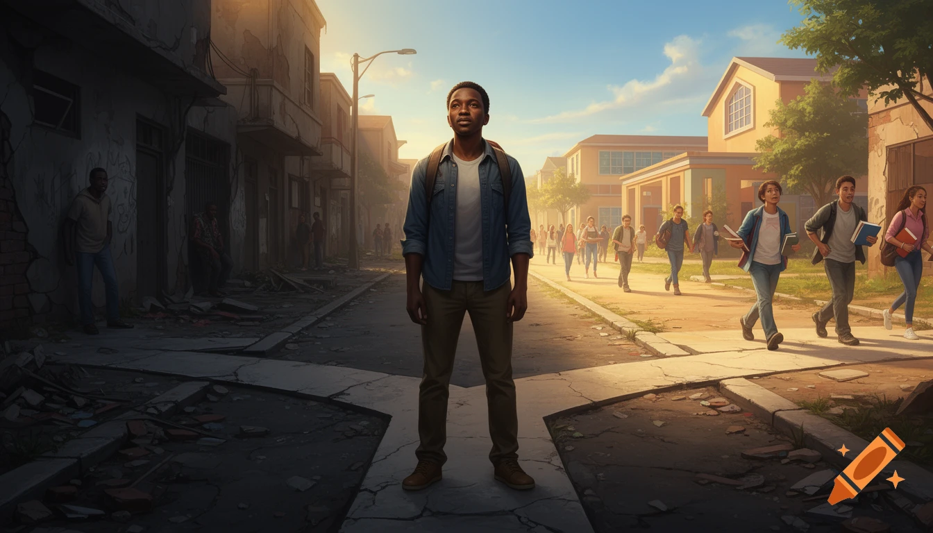 A Black man stands at a crossroads, one path leading to a dark, dilapidated street, the other to a bright school with students.