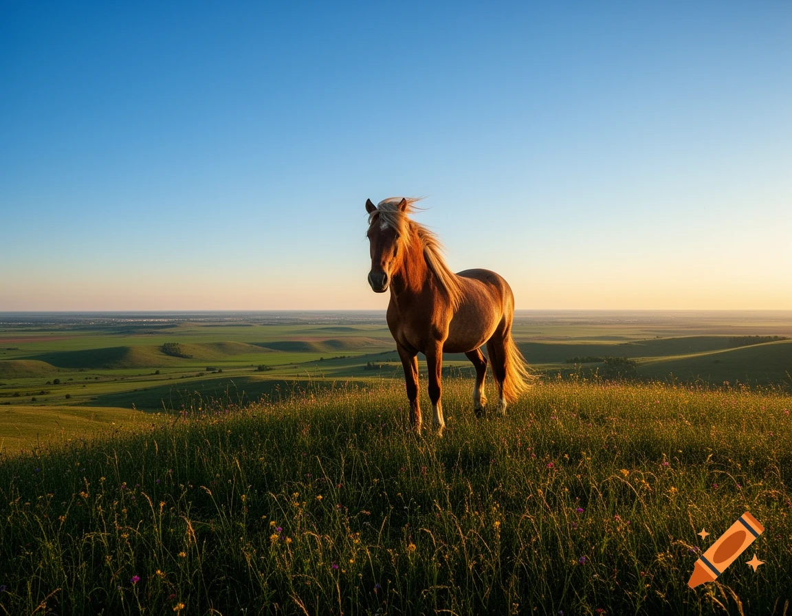 A brown horse with a blonde mane stands on a grassy hill overlooking a vast green landscape under a clear sky at sunset.