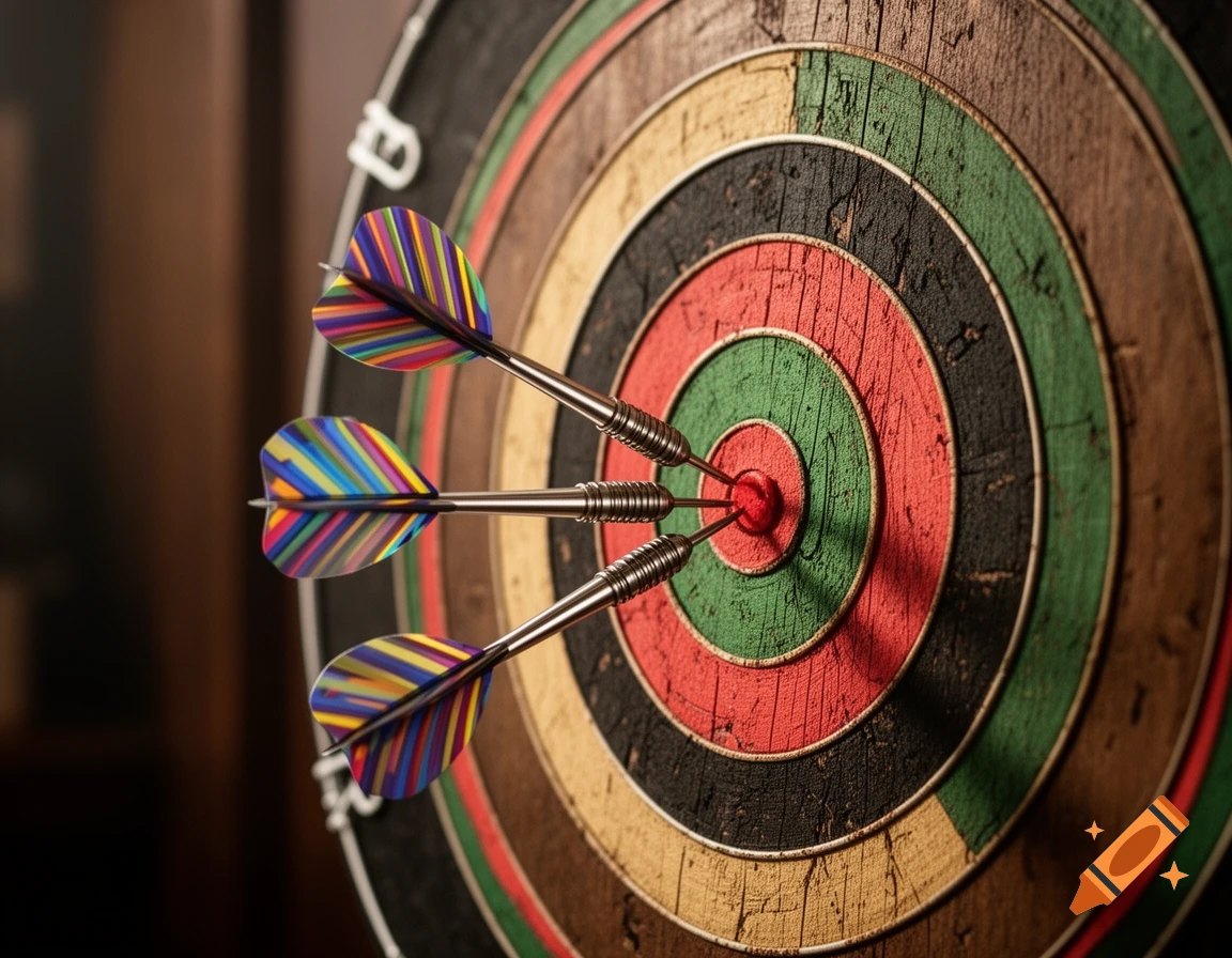 Three colorful darts stuck precisely in the bullseye of a vintage wooden dartboard.