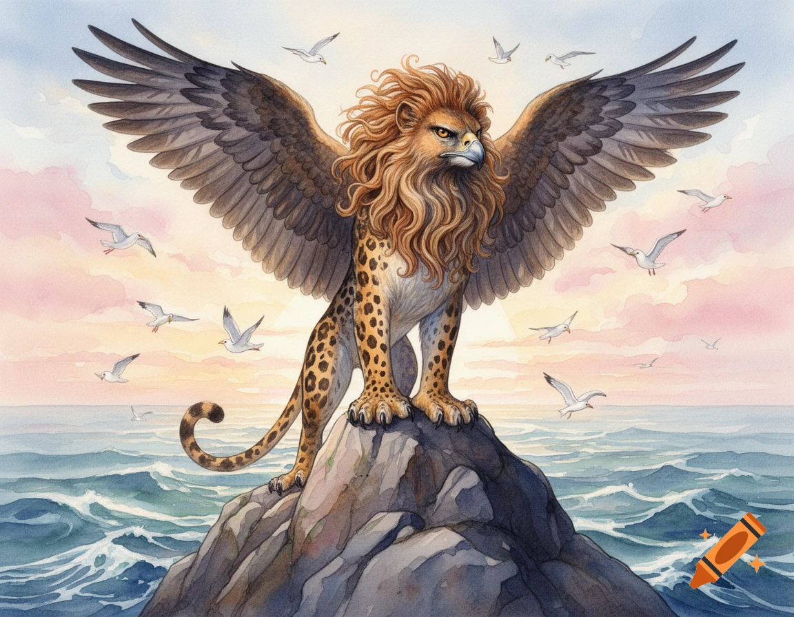 A watercolor mythical creature with an eagle head, lion's mane, eagle wings, and leopard body stands on a rock in the sea with seagulls.