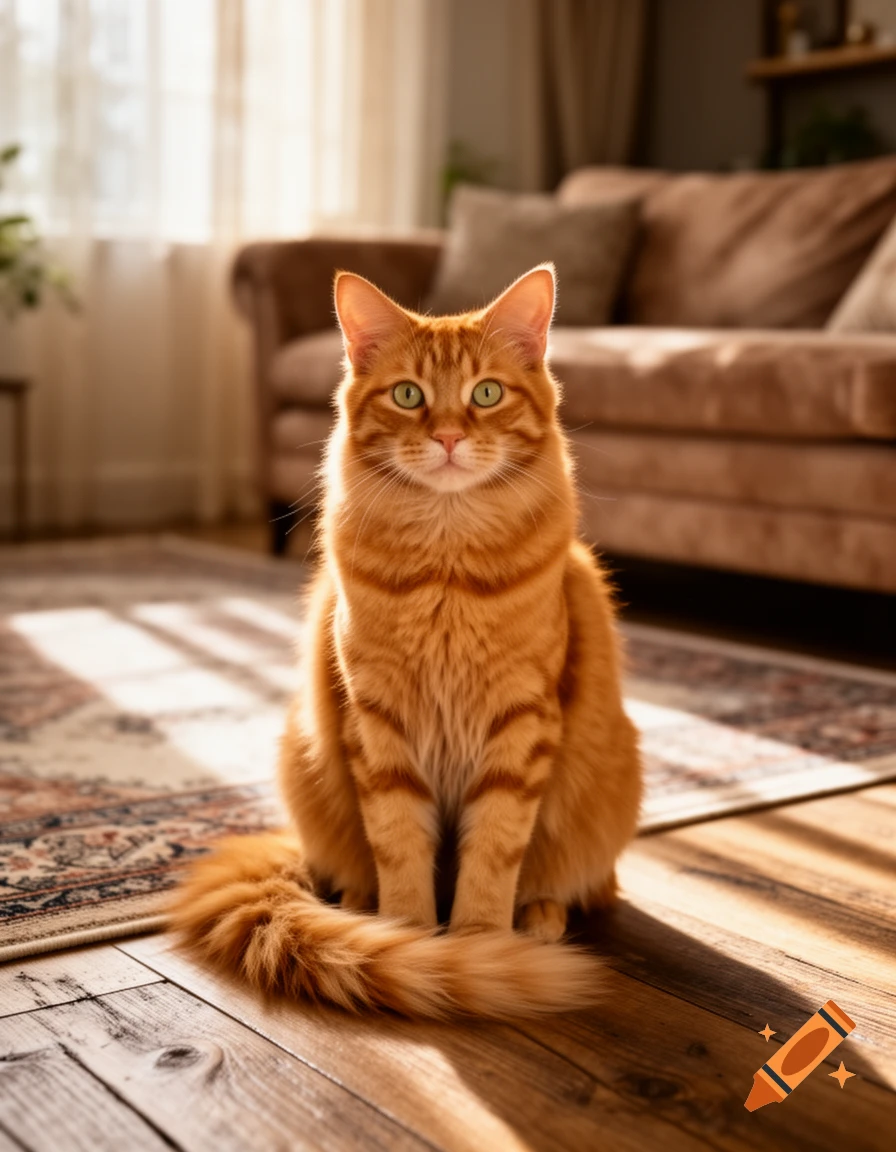 A fluffy orange cat with bright green eyes sits on a sunlit wooden ...