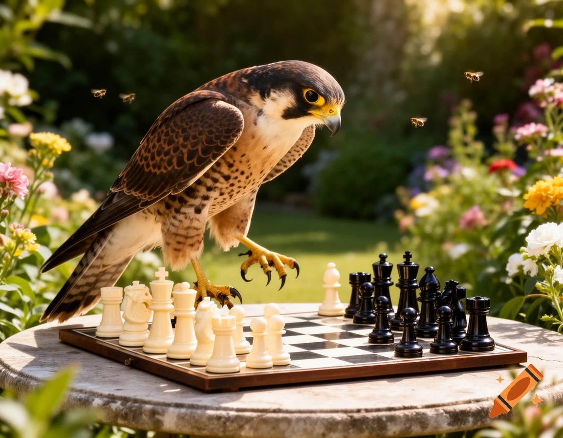 A photorealistic falcon plays chess on a garden table, with bees flying in the sunny background.