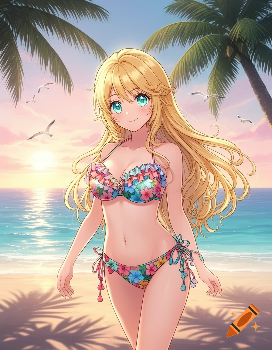 Anime woman in a floral bikini smiling on a beach with palm trees and ocean at sunset.