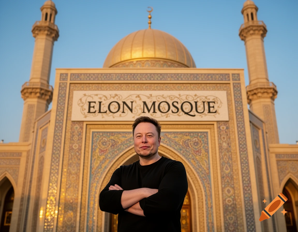Elon Musk stands in front of a grand mosque-like building with a golden dome and two minarets, a sign above reads "ELON MOSQUE".