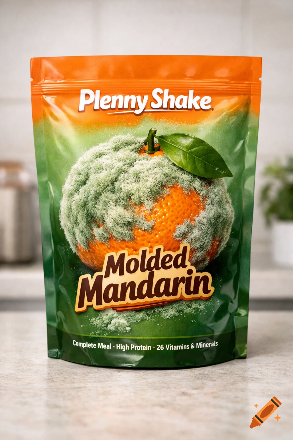 Photorealistic product shot of a green and orange Plenny Shake pouch with 'Molded Mandarin' text and a mold-covered mandarin.