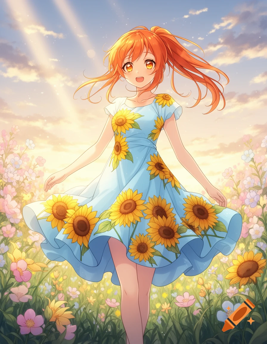 An anime girl with orange hair in a ponytail and a sunflower dress stands in a sunny field of flowers.