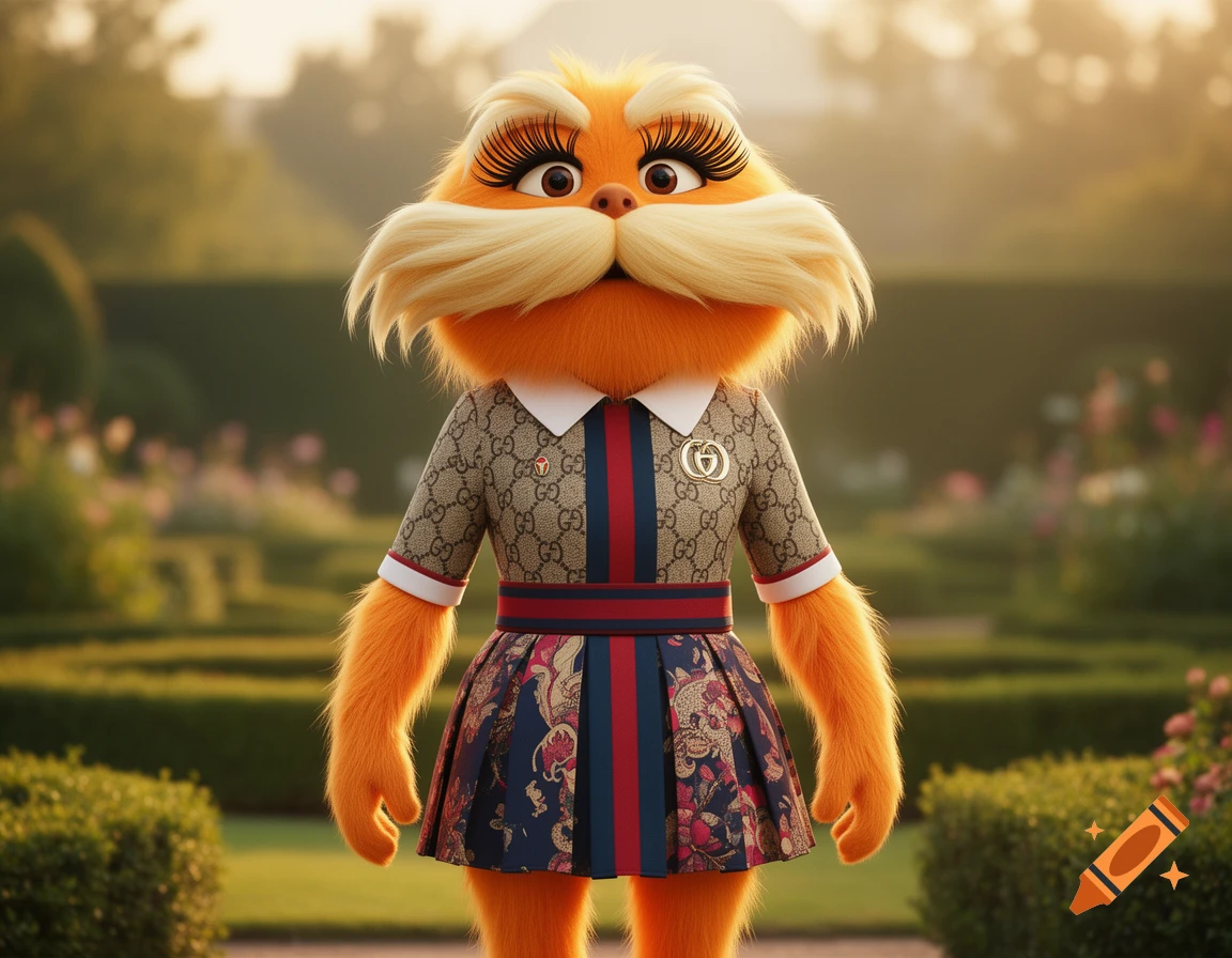 The Lorax wearing a preppy dress with Gucci logos and long eyelashes, standing in a sunny garden.