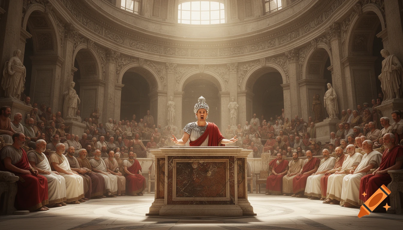 A man in a toga and ornate headpiece addresses an audience from a marble podium in a grand, sunlit Roman-style hall.