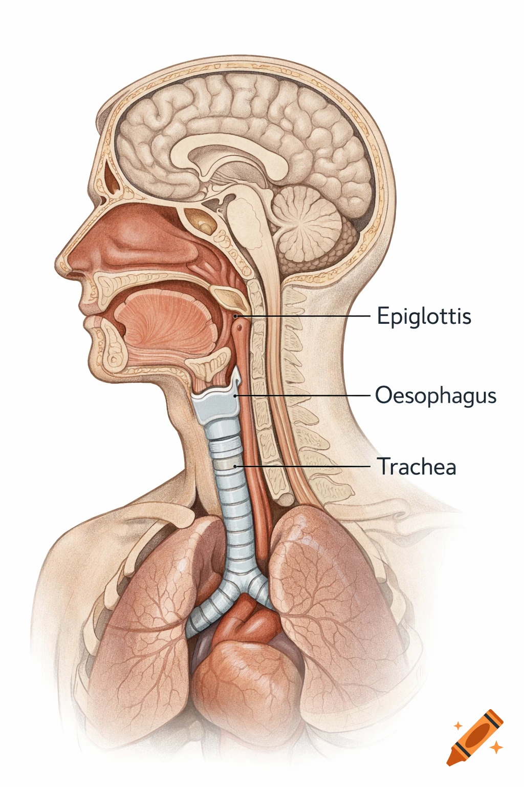 An anatomical diagram of the human head and chest, showing labeled internal structures including the brain, epiglottis, oesophagus, trachea, and lungs.