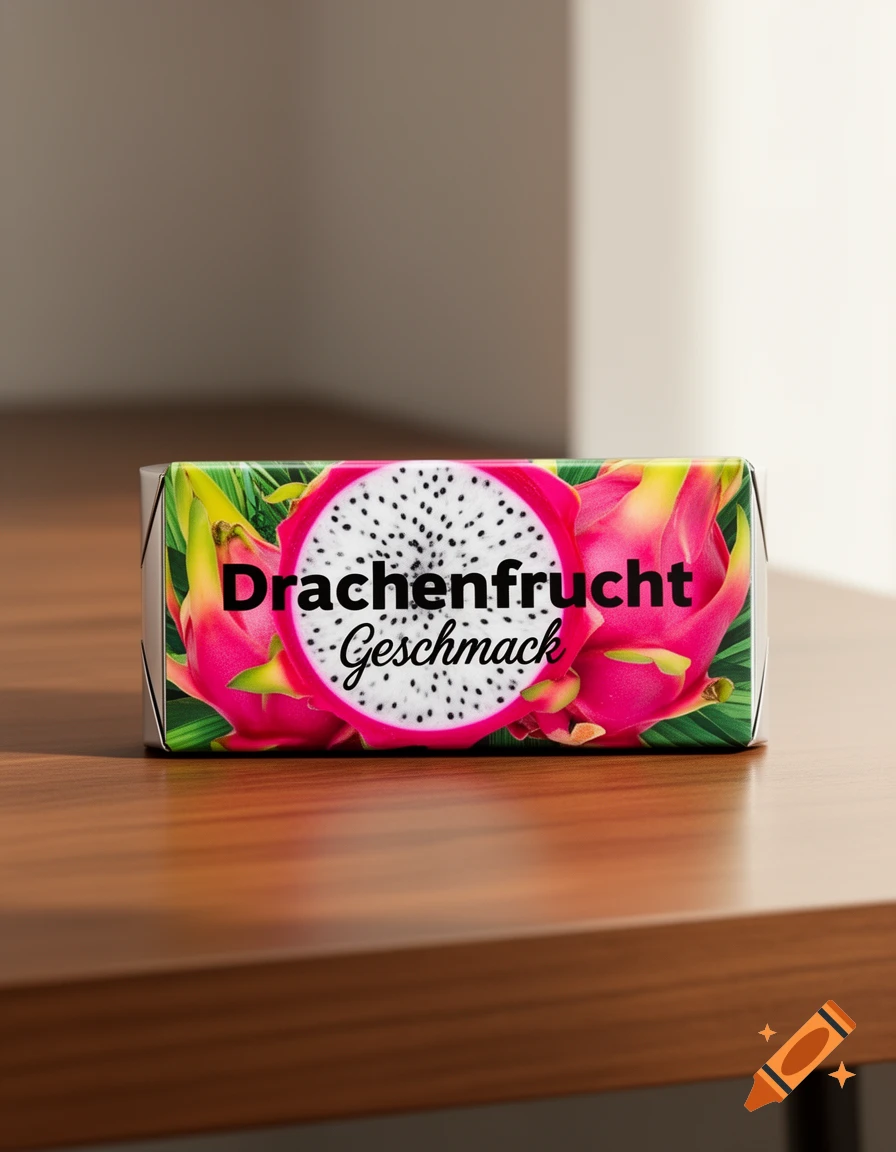 Photorealistic image of a product package featuring dragon fruit design and 'Drachenfrucht Geschmack' text, sitting on a wooden table.