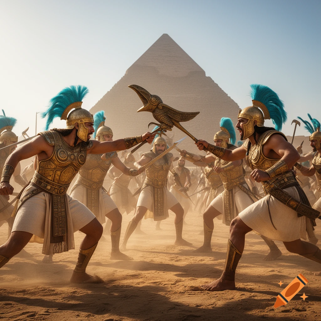 Ancient warriors in golden armor with blue plumes fight in a desert battle, a pyramid in the background, photorealistic style.