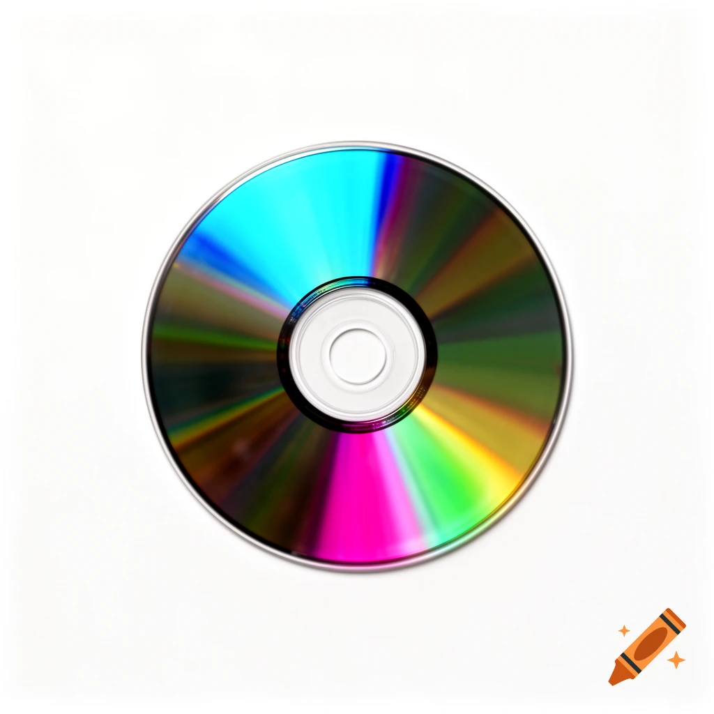 A close-up, top-down shot of a compact disc (CD) with a vibrant, multicolored reflective surface, set against a pristine white background.