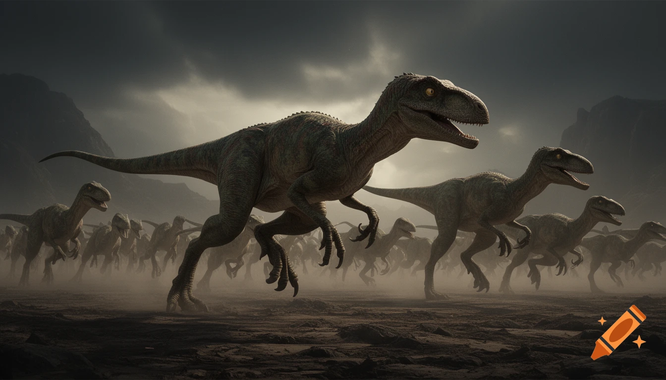Photorealistic image of a pack of velociraptors running across a dusty, ominous prehistoric landscape under a dark sky.