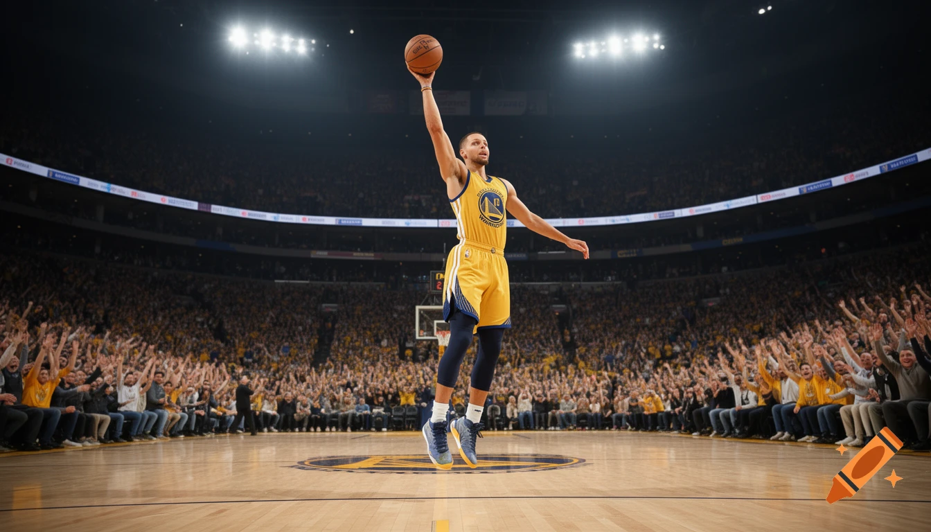 Photorealistic image of Stephen Curry in a Golden State Warriors uniform, mid-air after shooting a three-pointer in a packed basketball arena.