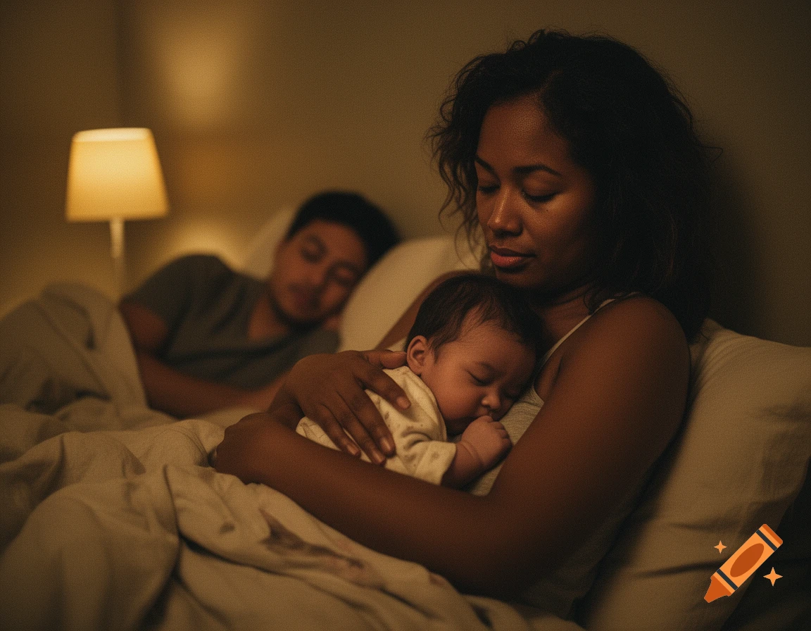 A tired mother cradles her sleeping baby in a softly lit bedroom, with her partner sleeping blurred in the background, cinematic photo style.