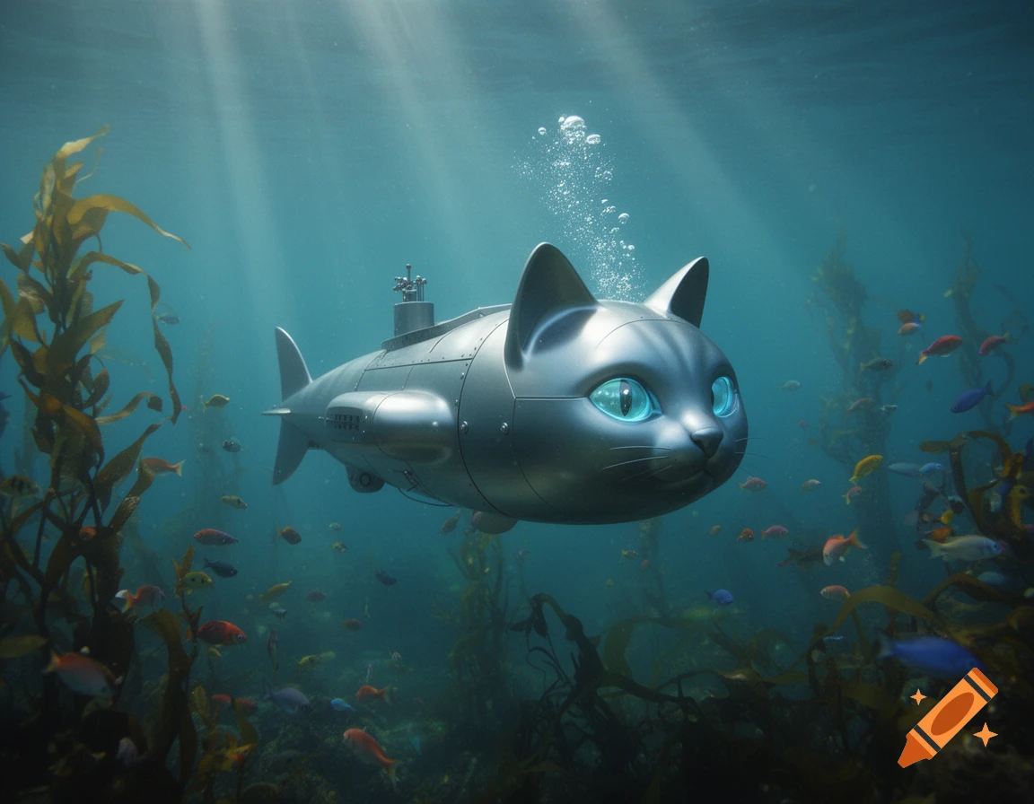 A silver cat-shaped submarine with glowing blue eyes swims through clear blue water among colorful fish and tall green kelp, with sunrays from above.