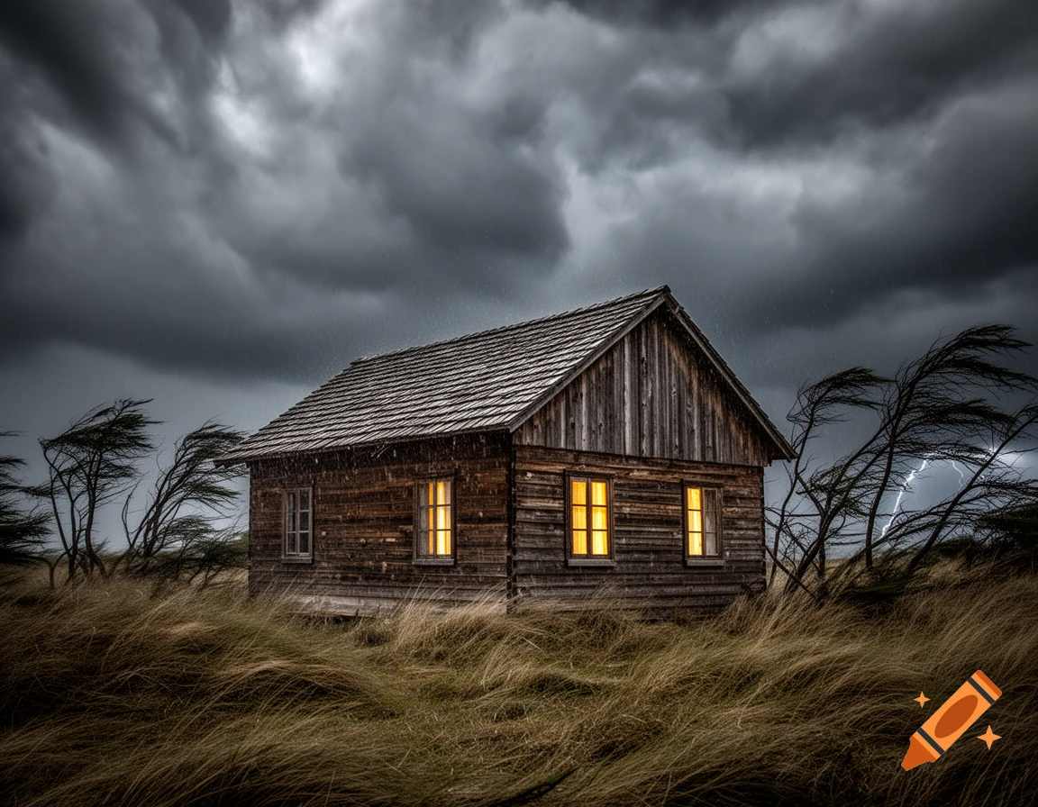 A rustic wooden house with glowing windows in a stormy, windswept landscape under dark clouds with rain and lightning.