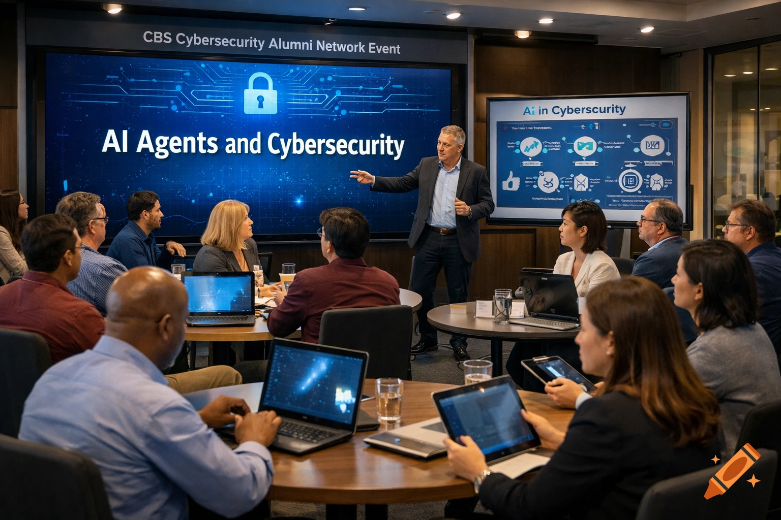 A man in a suit presents a cybersecurity topic to a diverse group of people seated around tables, some using laptops.