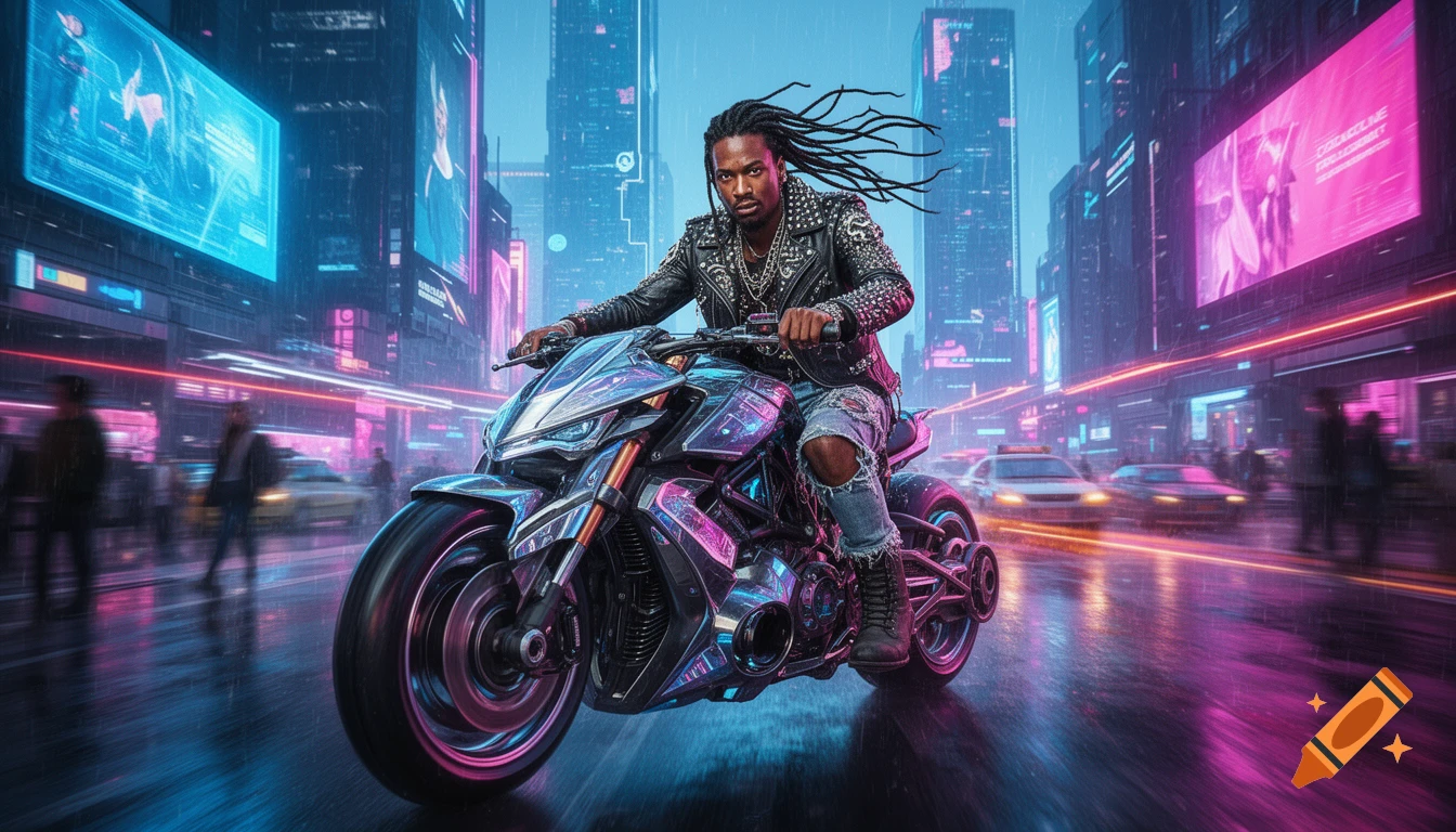An African American man with dreads on a futuristic motorcycle rides through a rainy, neon-lit cyberpunk city at night.