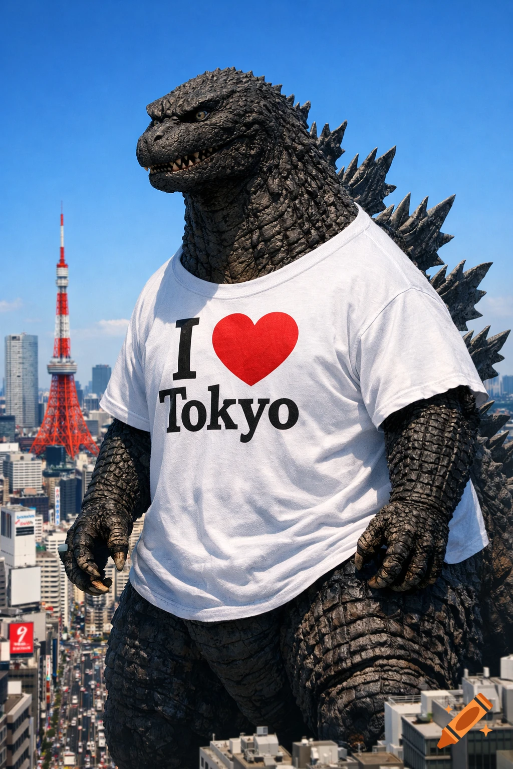Photorealistic image of Godzilla wearing an 'I Tokyo' t-shirt, standing over a cityscape with Tokyo Tower.