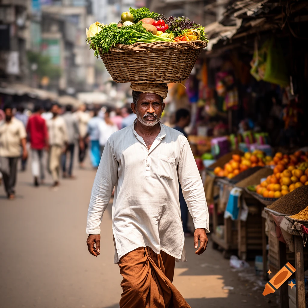 A man carries a large basket of fresh vegetables on his head through a bustling street market in a photorealistic style.