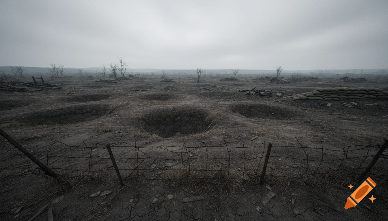 A desolate, monochrome battlefield featuring numerous bomb craters, sandbags, barbed wire, and sparse, barren trees under a gray, overcast sky.