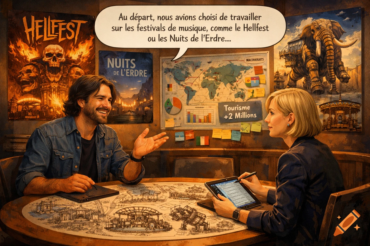 An illustration of a man and a woman discussing festivals and tourism ...