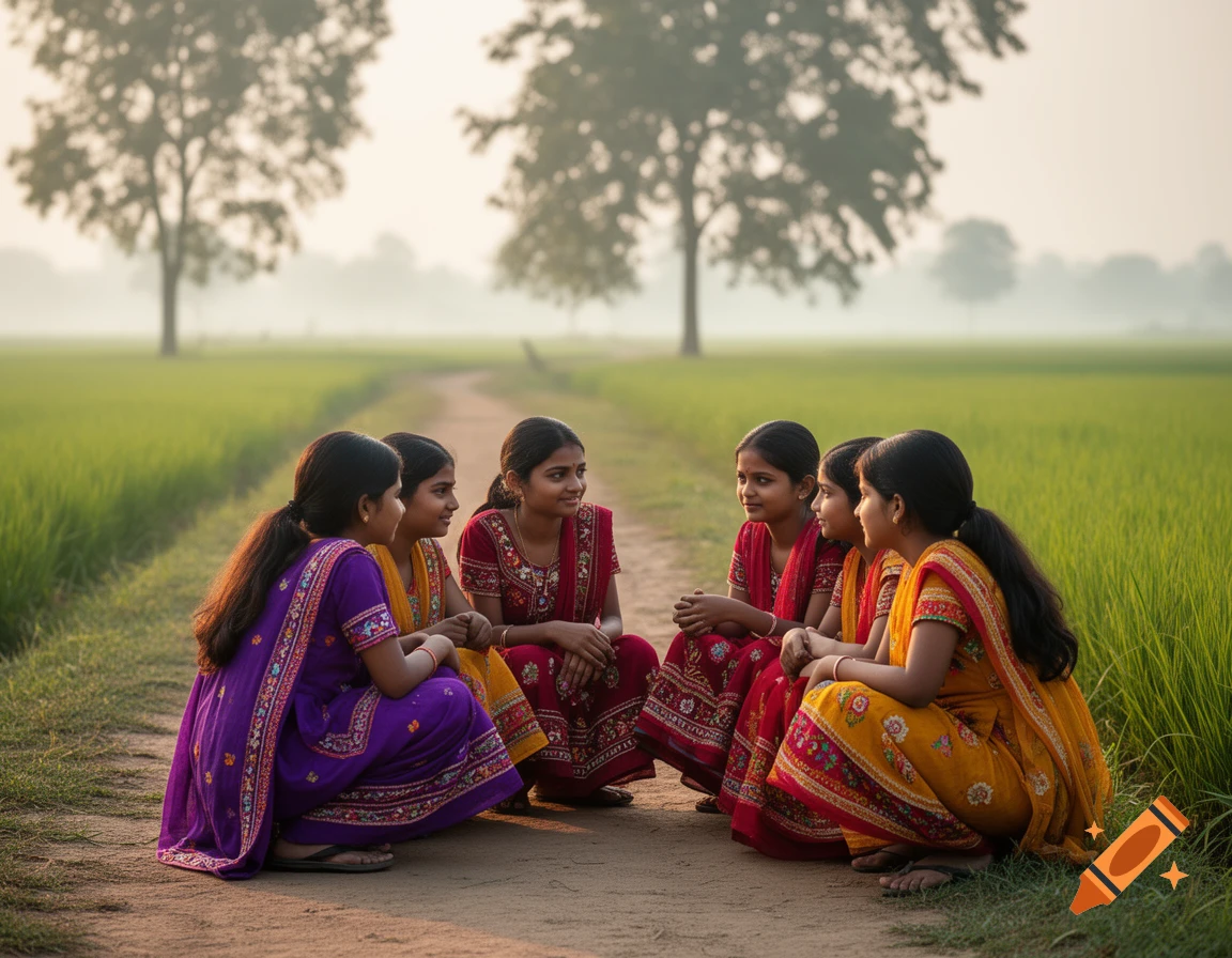 Six Indian girls in colorful traditional clothes squatting in a circle on a dirt path, surrounded by green fields.