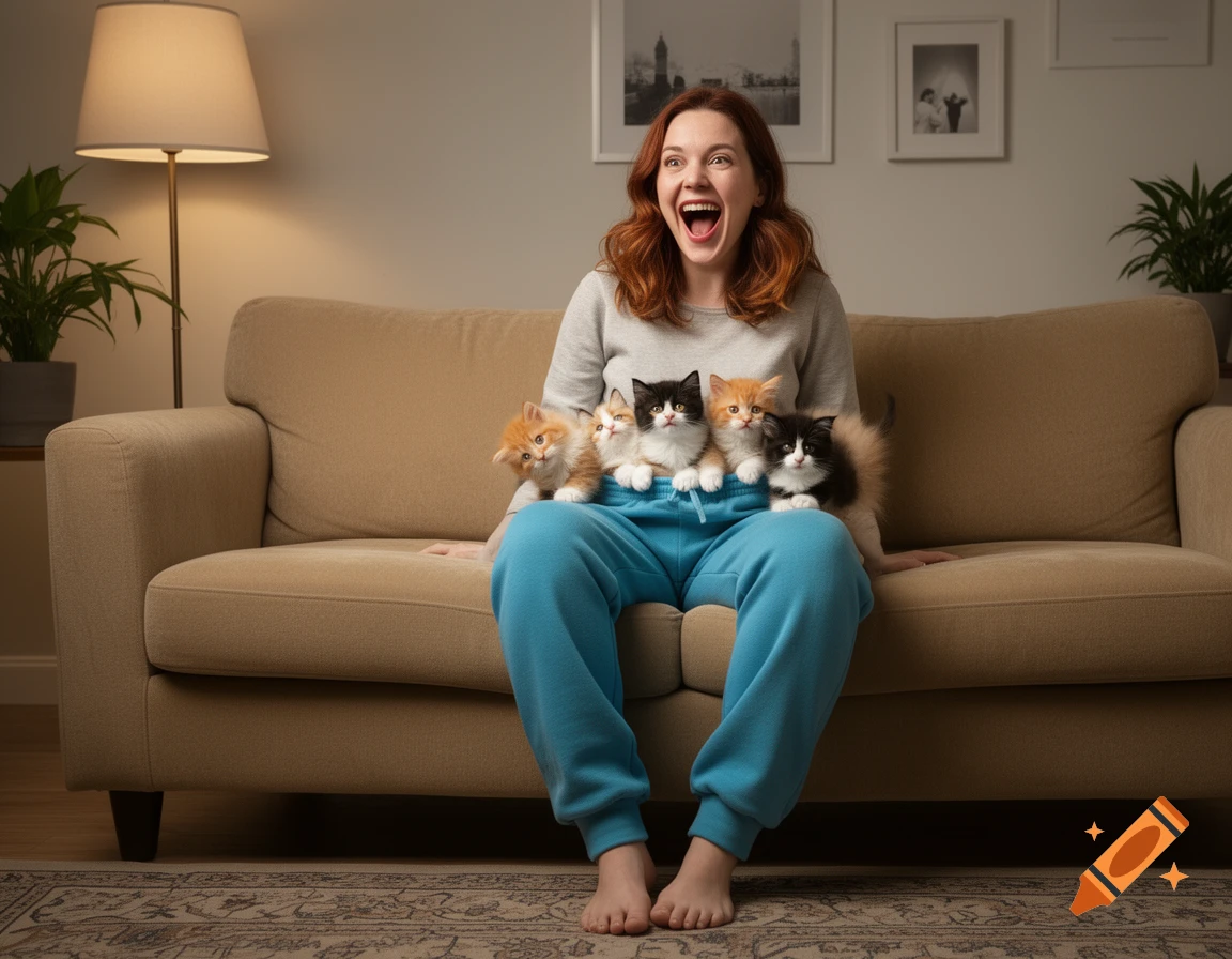 A happy woman sits on a couch with five small kittens nestled in her blue sweatpants in a cozy living room.