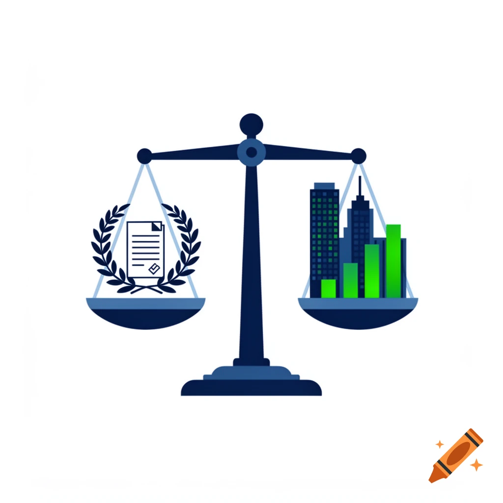An icon of a balance scale with a document in a laurel wreath on the left and a cityscape with a bar chart on the right, symbolizing democracy versus development.