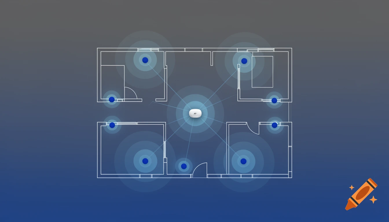 Overhead view of a building floor plan with a central access point and surrounding access points showing WiFi coverage.